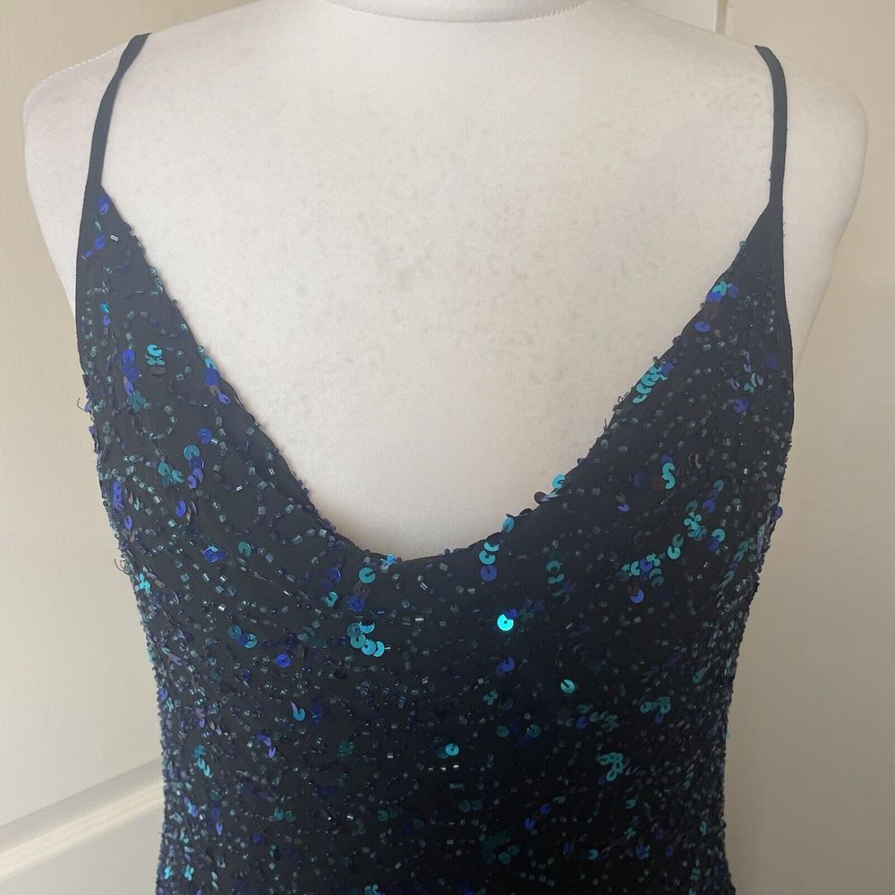 Y2K 00s George Size 12 Cowl Sequin Dress Green Black Festive Xmas - Picture 2 of 13